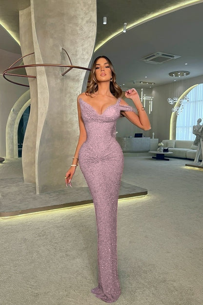 One Shoulder V-Neck Long Mermaid Prom Dress Sleeveless with Sequins
