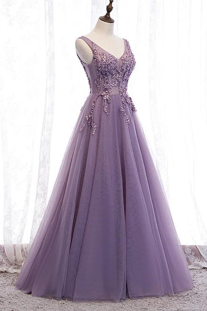 Purple Applique Long A-line Prom Dress With V-Neck Open Back