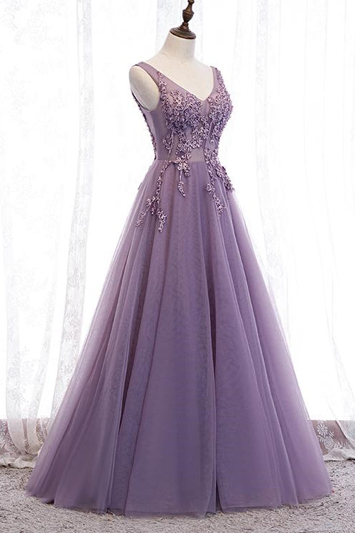 Purple Applique Long A-line Prom Dress With V-Neck Open Back