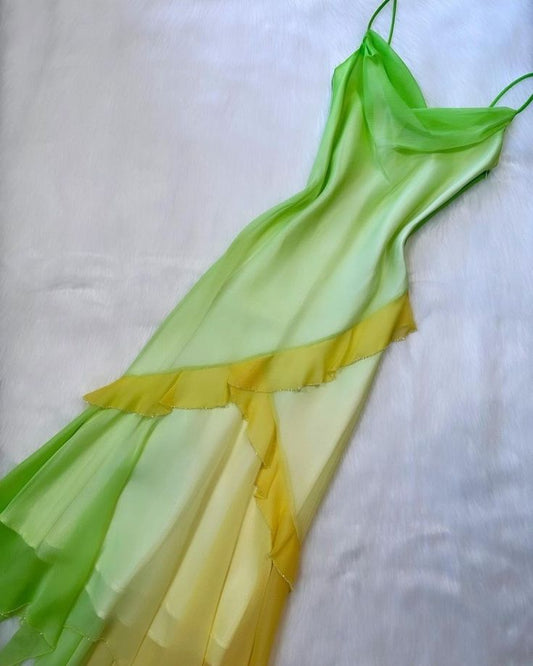Cute A Line Spaghetti Strap Yellow Green Ombre Chiffon Long Party Dress Evening Dress SH2787