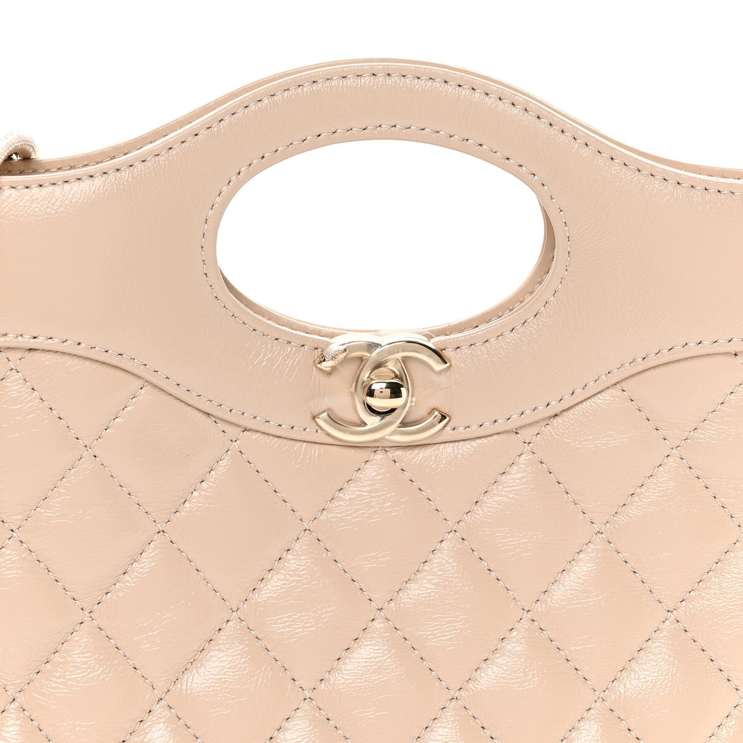 Shiny Crumpled Calfskin Quilted Mini 31 Shopping Bag Beige