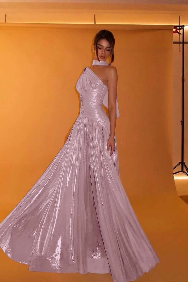 Charming One Shoulder Sleeveless Beaded Pleated Eevening Dress with Scarf