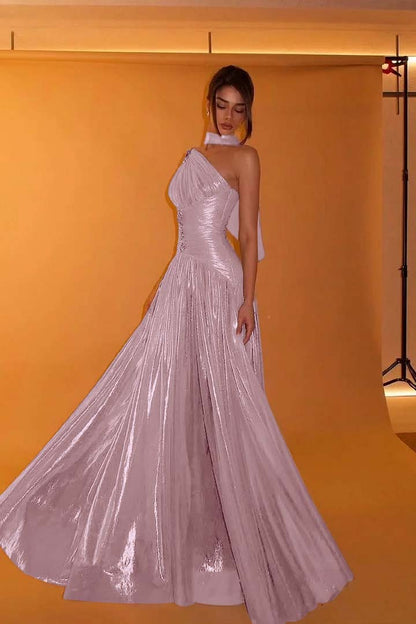 Charming One Shoulder Sleeveless Beaded Pleated Eevening Dress with Scarf
