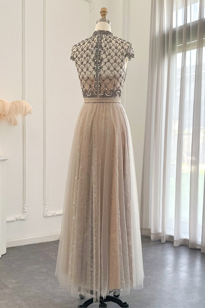 Champagne Jewel Neck A Line Prom Dress Tulle Diamond-Studded