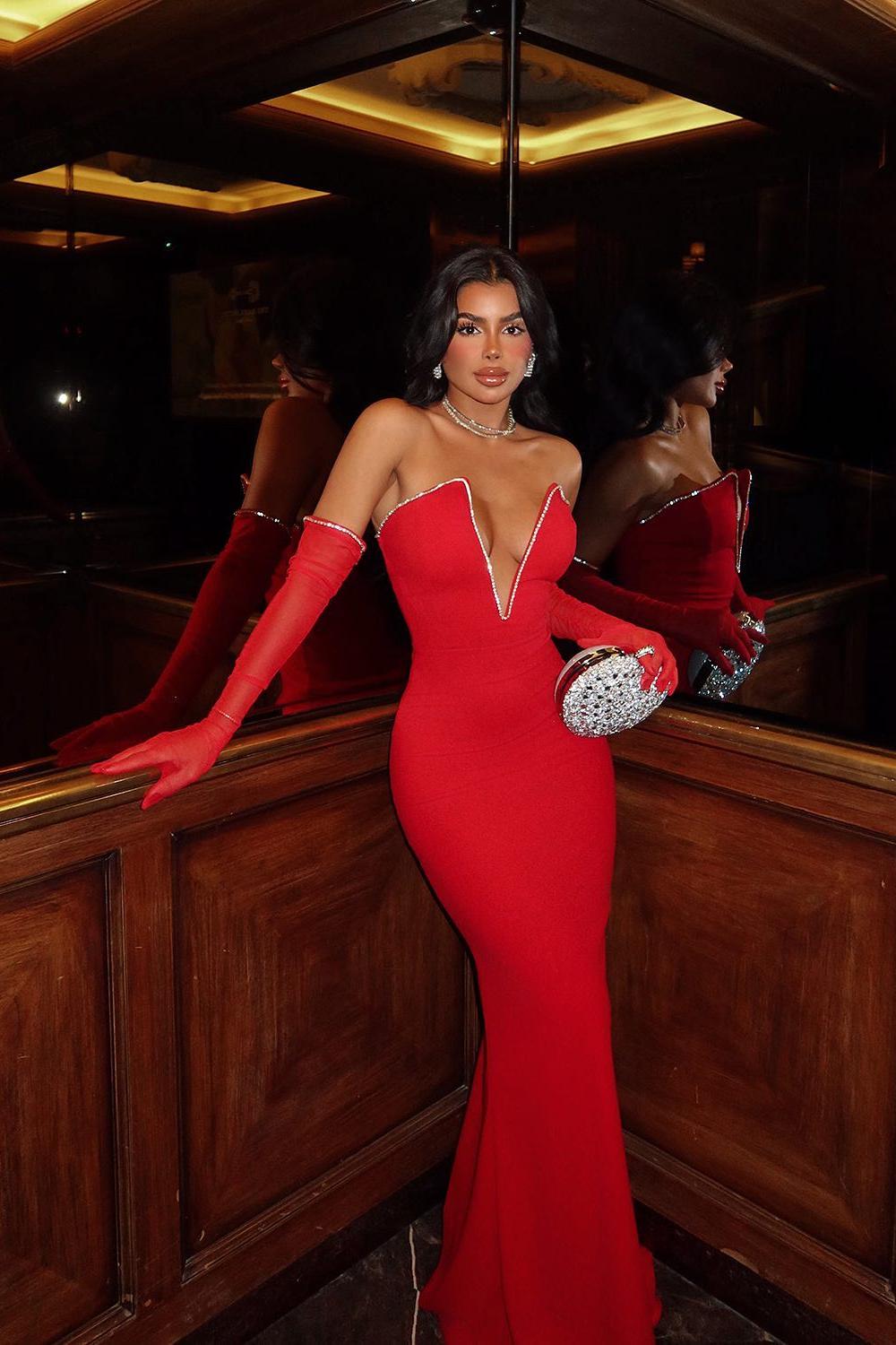 Glamorous Red Satin Strapless Deep V Neck Sequins Mermaid Prom Dress with Gloves