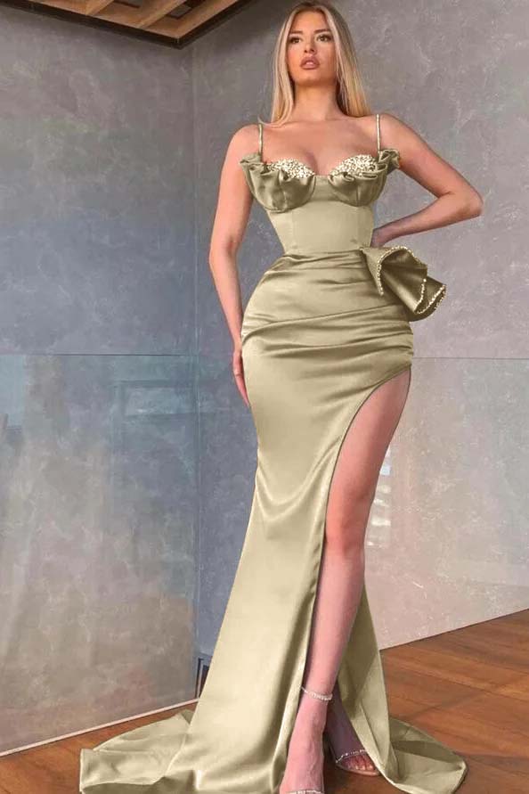 Dusty Sage Spaghetti-Straps Prom Dress Mermaid Split With Beadings Ruffles