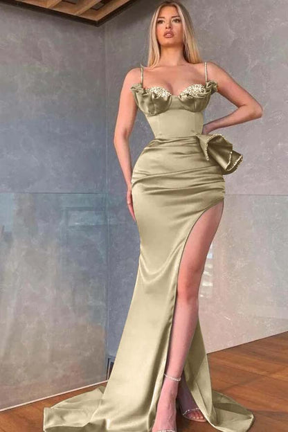 Dusty Sage Spaghetti-Straps Prom Dress Mermaid Split With Beadings Ruffles