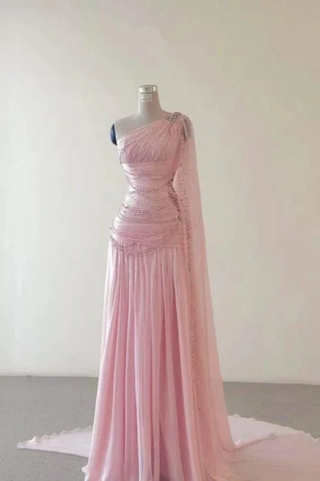Glamorous Pink Sleeveless One Shoulder Long Evening Dress With Train