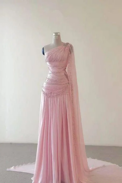 Glamorous Pink Sleeveless One Shoulder Long Evening Dress With Train