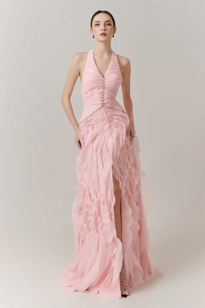Blushing Pink Halter Strap Pleated V-Neck Split Evening Dress With Beads