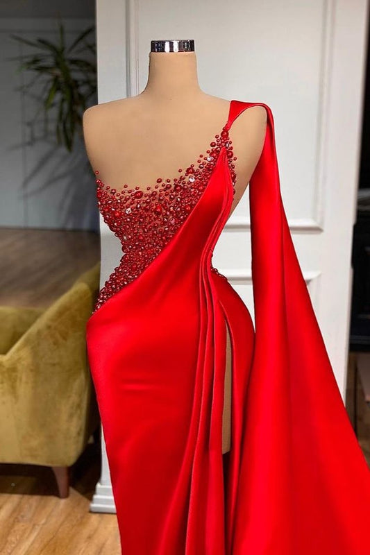 Mermaid Red Ruffes Prom Dress Slit With Beading