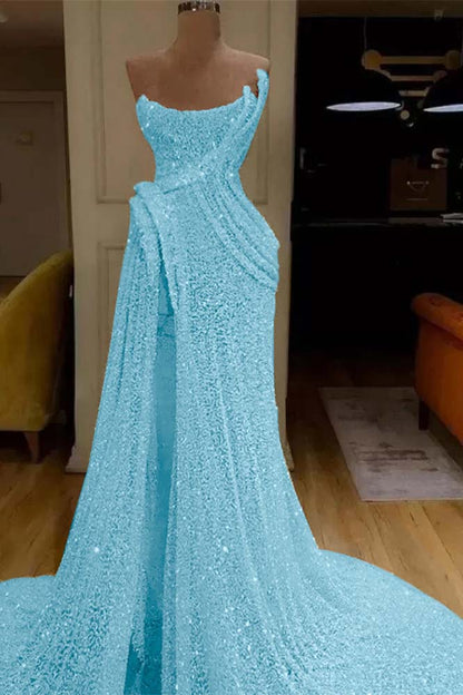 Mermaid Strapless Long Prom Dress Slit With Sequins