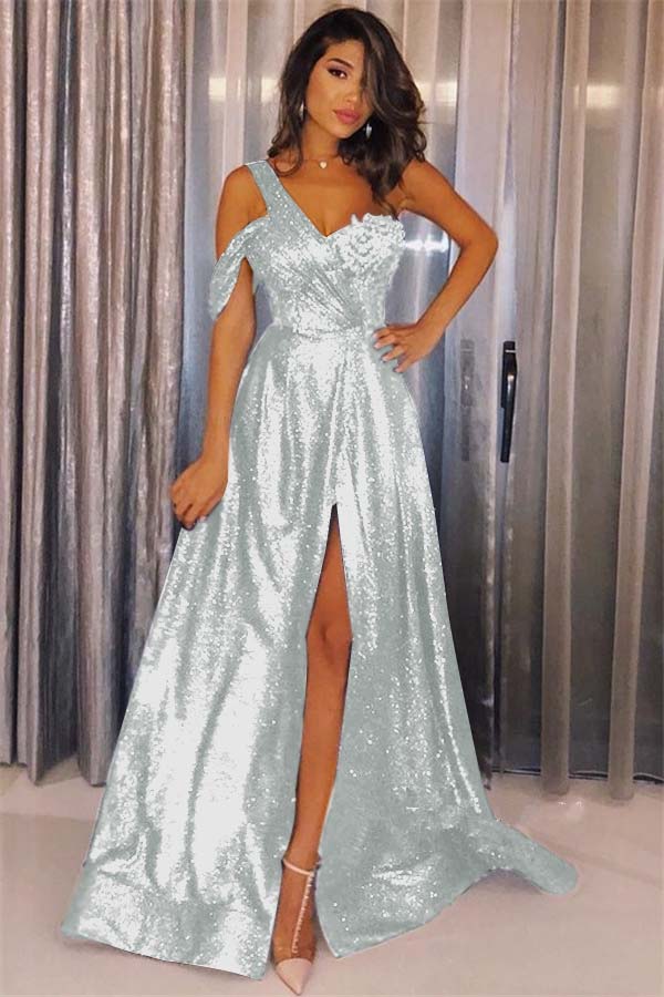 Dark Navy Sequins Glamorous One Shoulder Prom Dress