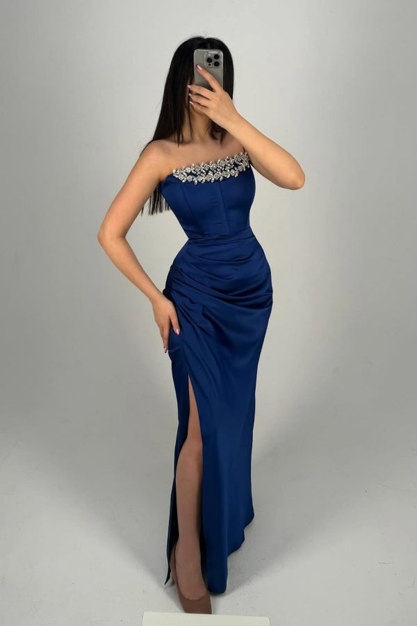 Blue Strapless Long Slit Prom Dress Sleeveless with Sequins