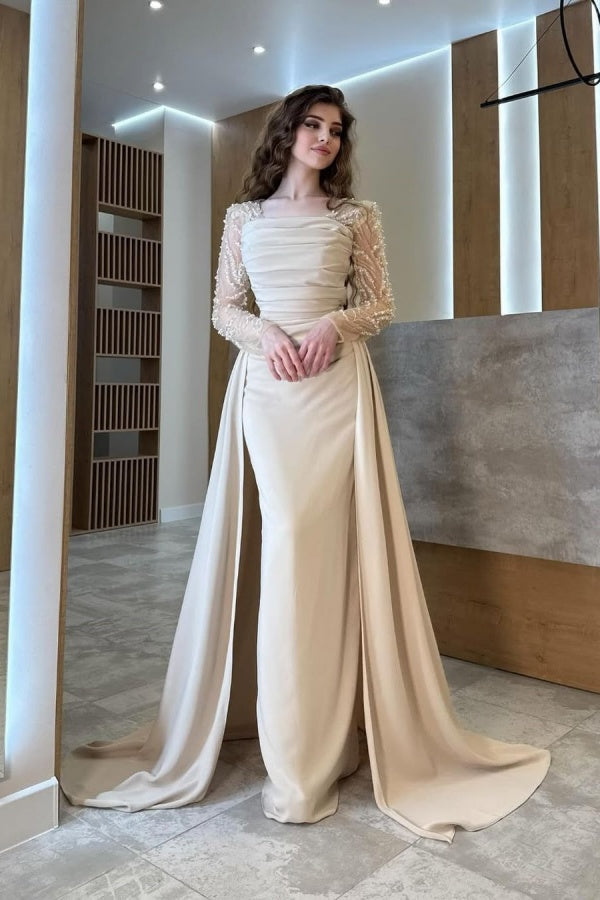 Gentle Beaded Long Sleeves Prom Dress With Detachable Trail