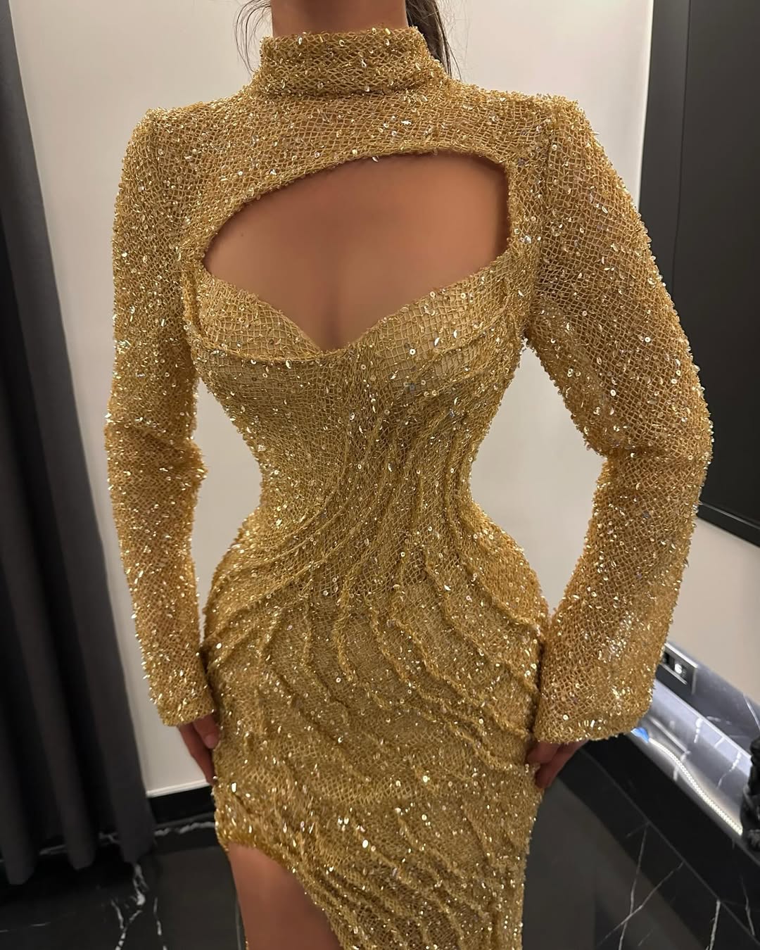 Gold Long Sleeves High Neck Sequins Mermaid Prom Dress