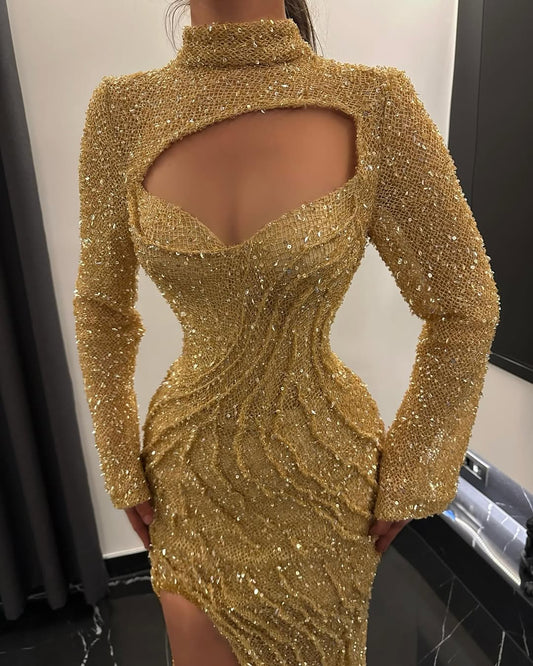 Gold Long Sleeves High Neck Sequins Mermaid Prom Dress
