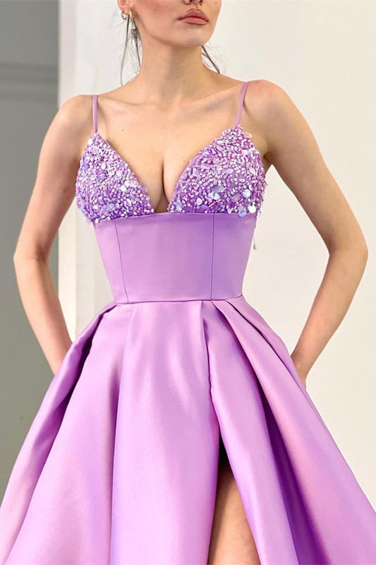 Spaghetti-Straps Sequins A Line Lavender Evening Dress With Split