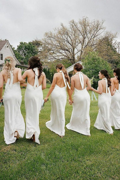 Simple Sheath Halter White Satin Open Back Evening Dress Bridesmaid Dress SH2694