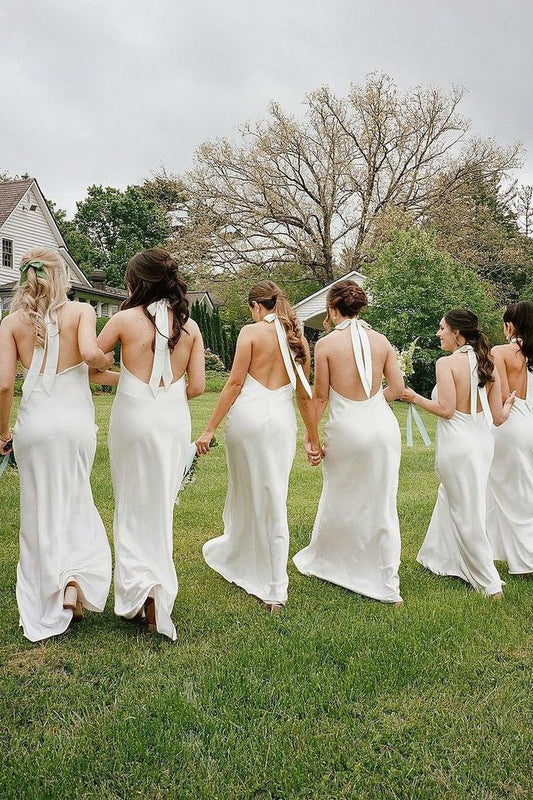 Simple Sheath Halter White Satin Open Back Evening Dress Bridesmaid Dress SH2694
