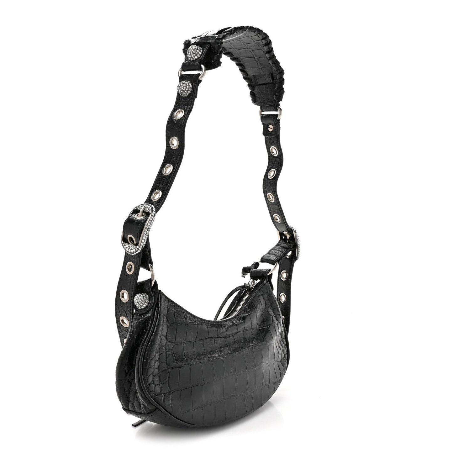 Extra Supple Calfskin Crystal Crocodile Embossed Le Cagole Shoulder Bag XS Black