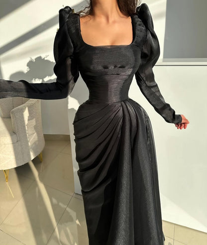 Elegant Long Square Sleeves Mermaid Pleated Prom Dress
