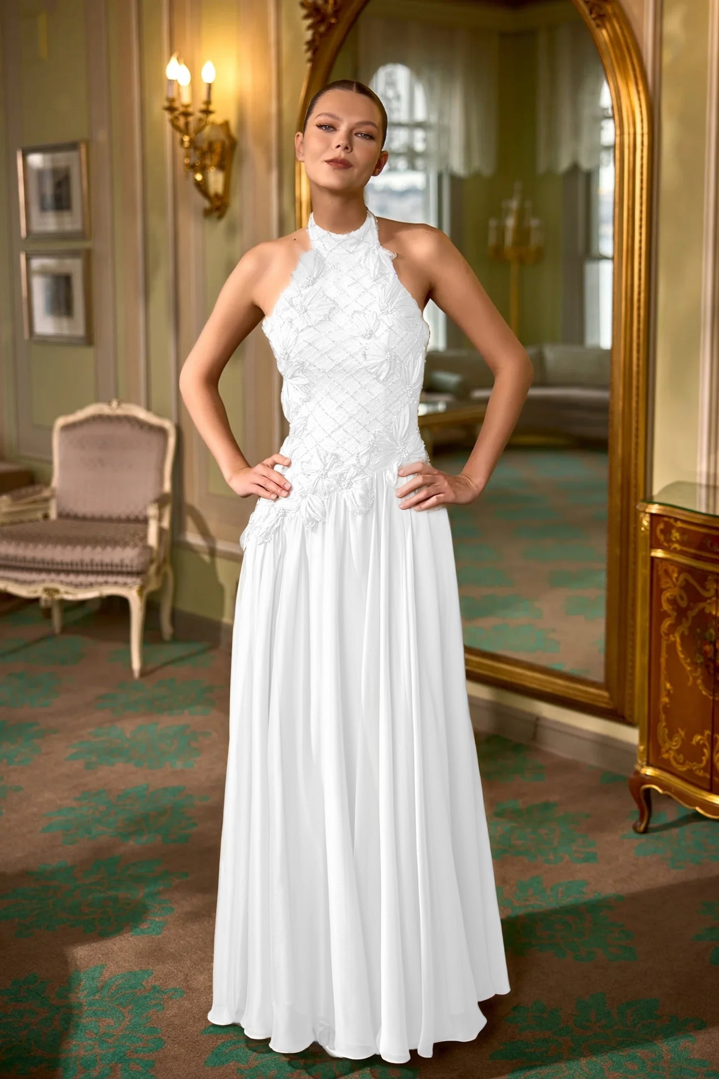 Halter Evening Dress Floor Length Sheath with Beading and Flower