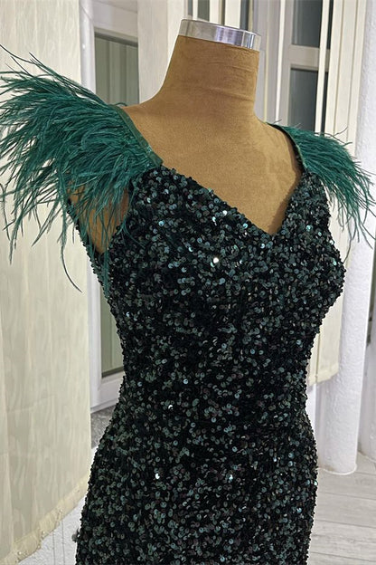 V-Neck Sequins Mermaid Dark Green Evening Dress With Feather