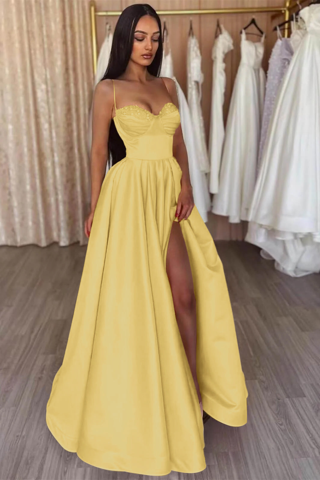 Yellow Slit Evening Dress A Line With Spaghetti-Straps