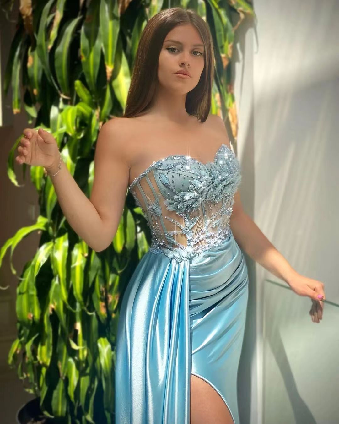 Sky Blue Sweetheart Sleeveless Mermaid Evening Dress Satin Ruffle with Beads Split