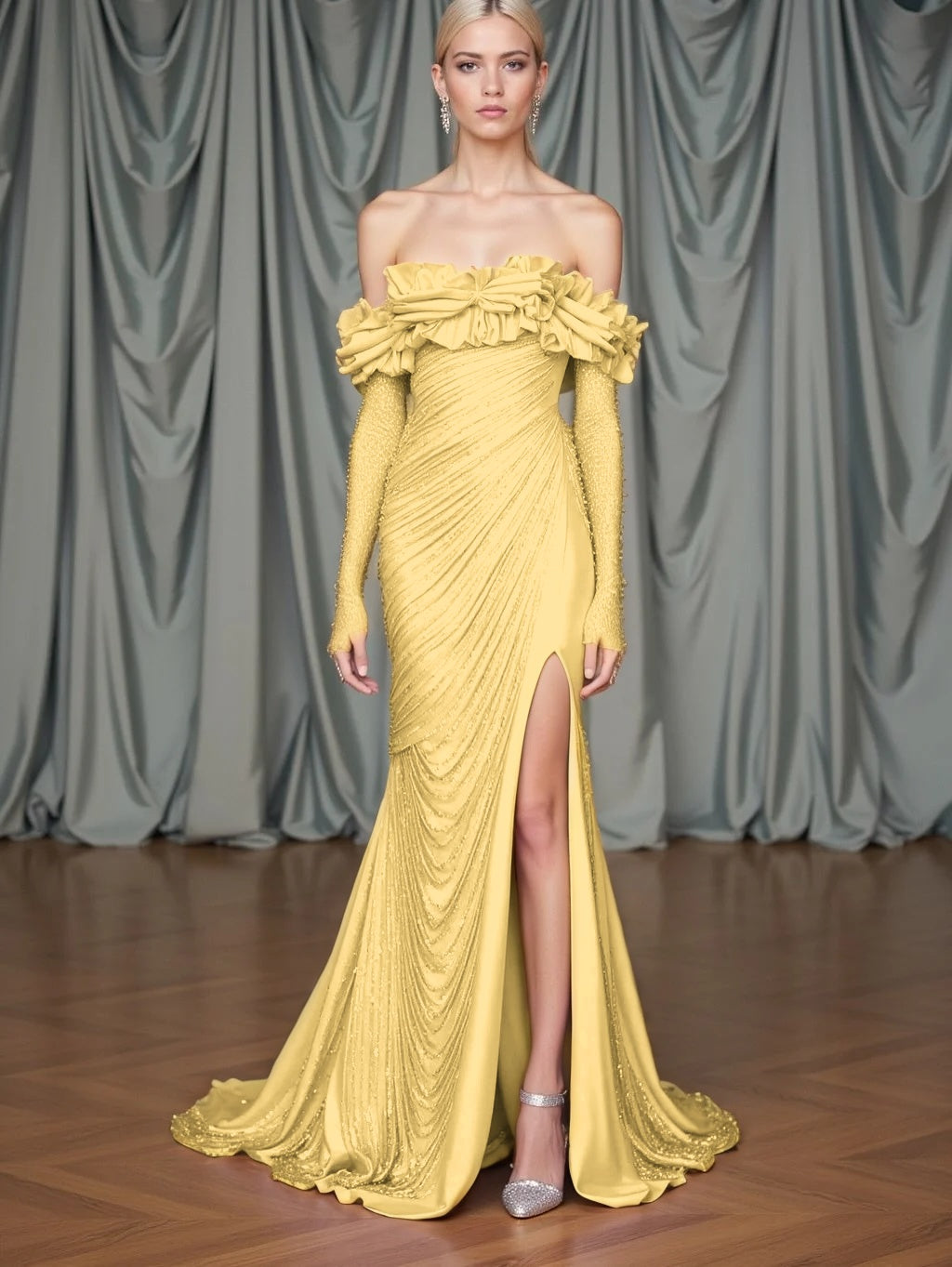 Long Sleeves Strapless Mermaid Slit Prom Dress With Sequins