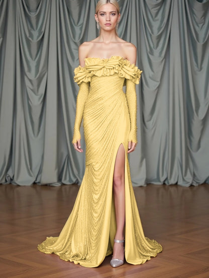 Long Sleeves Strapless Mermaid Slit Prom Dress With Sequins