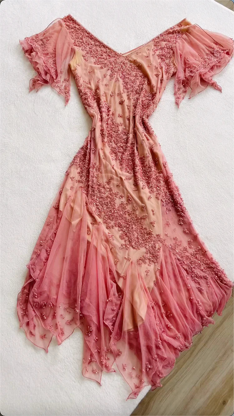 Elegant A Line V Neck Beaded Ruffle Chiffon Prom Dress Evening Dress SH2247