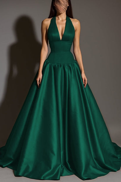 Sexy Sleeveless Halter Straps A-Line Deep V-Neck Long Prom Dress