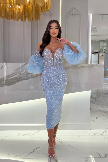 Tea Length Light Blue Prom Dress Squins With Puffy Sleeves