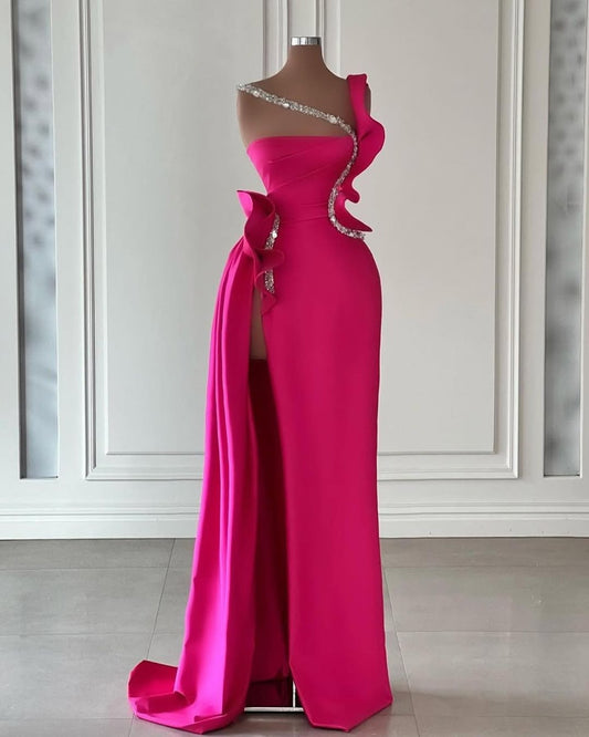 Fuchsia One-Shoulder Strap Sleeveless Square Beads Prom Dress