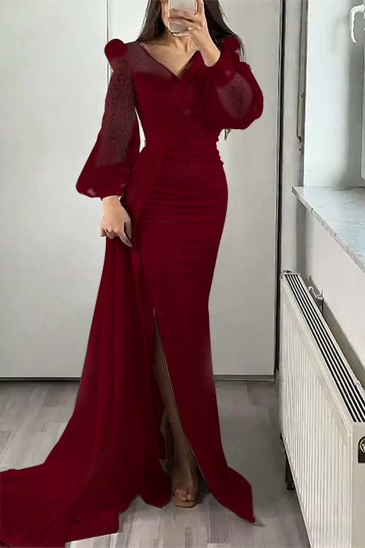V-Neck Long Sleeves Sequins Mermaid Split Evening Dress With Ruffle