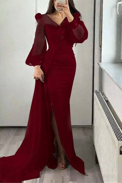 V-Neck Long Sleeves Sequins Mermaid Split Evening Dress With Ruffle