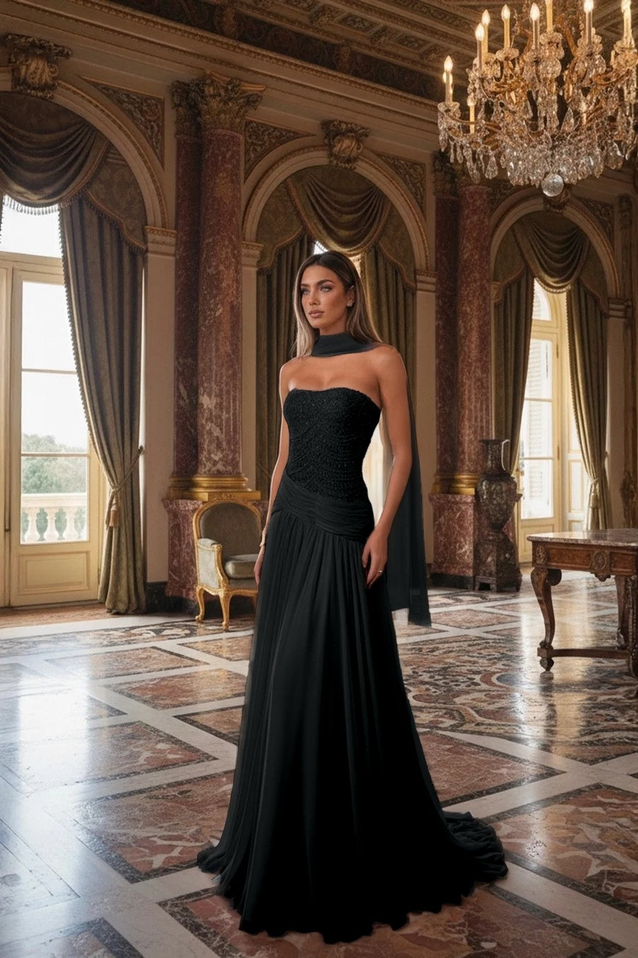 Strapless Beadings Sleeveless Square Prom Dress With Scarf