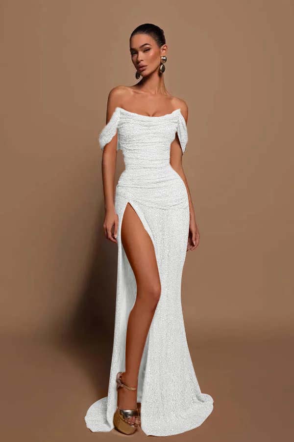 Glamorous Sequins Off the Shoulder Sleeveless Pleated Long Prom Dress with Split
