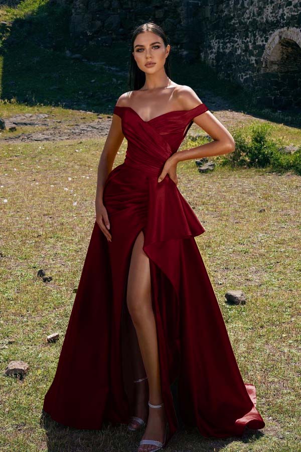 Off-The-Shoulder Mermaid Prom Dress Red With Slit