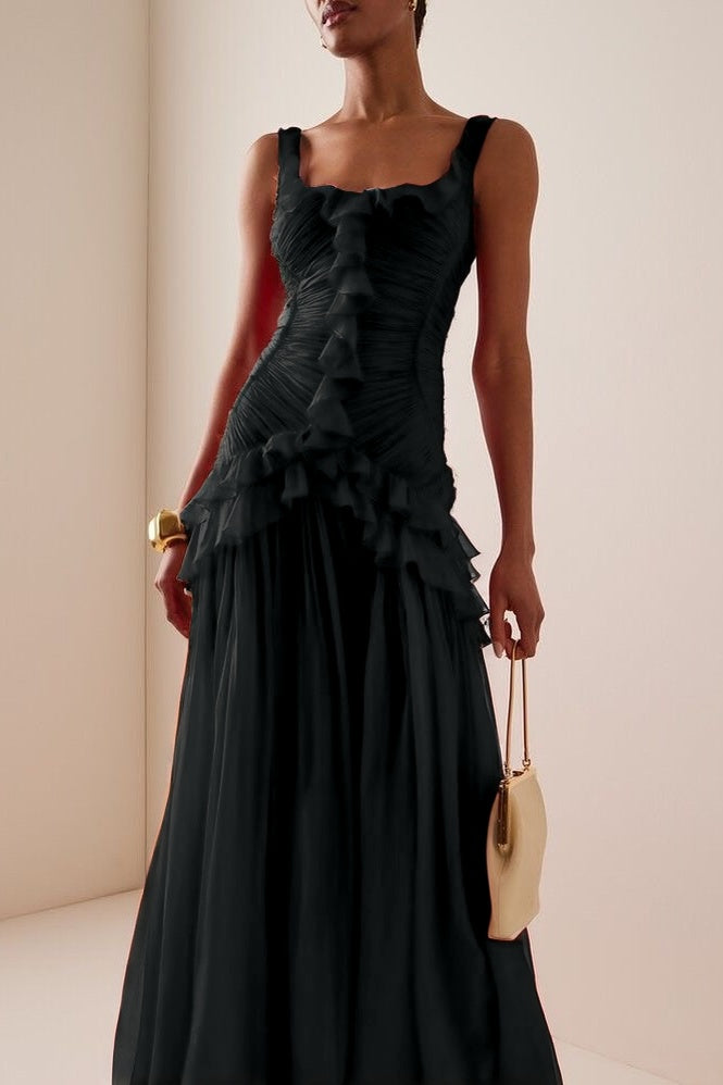 Elegant Ruffled Red Sleeveless Square Long Prom Dress With Pleated
