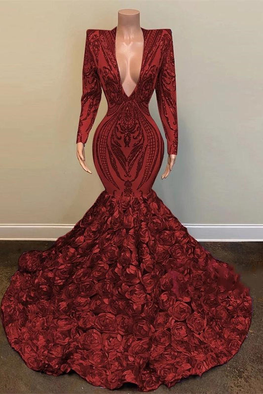 Sequins Lace Wine Red V-Neck Long Sleeves Prom Dress Mermaid With Flowers Bottom