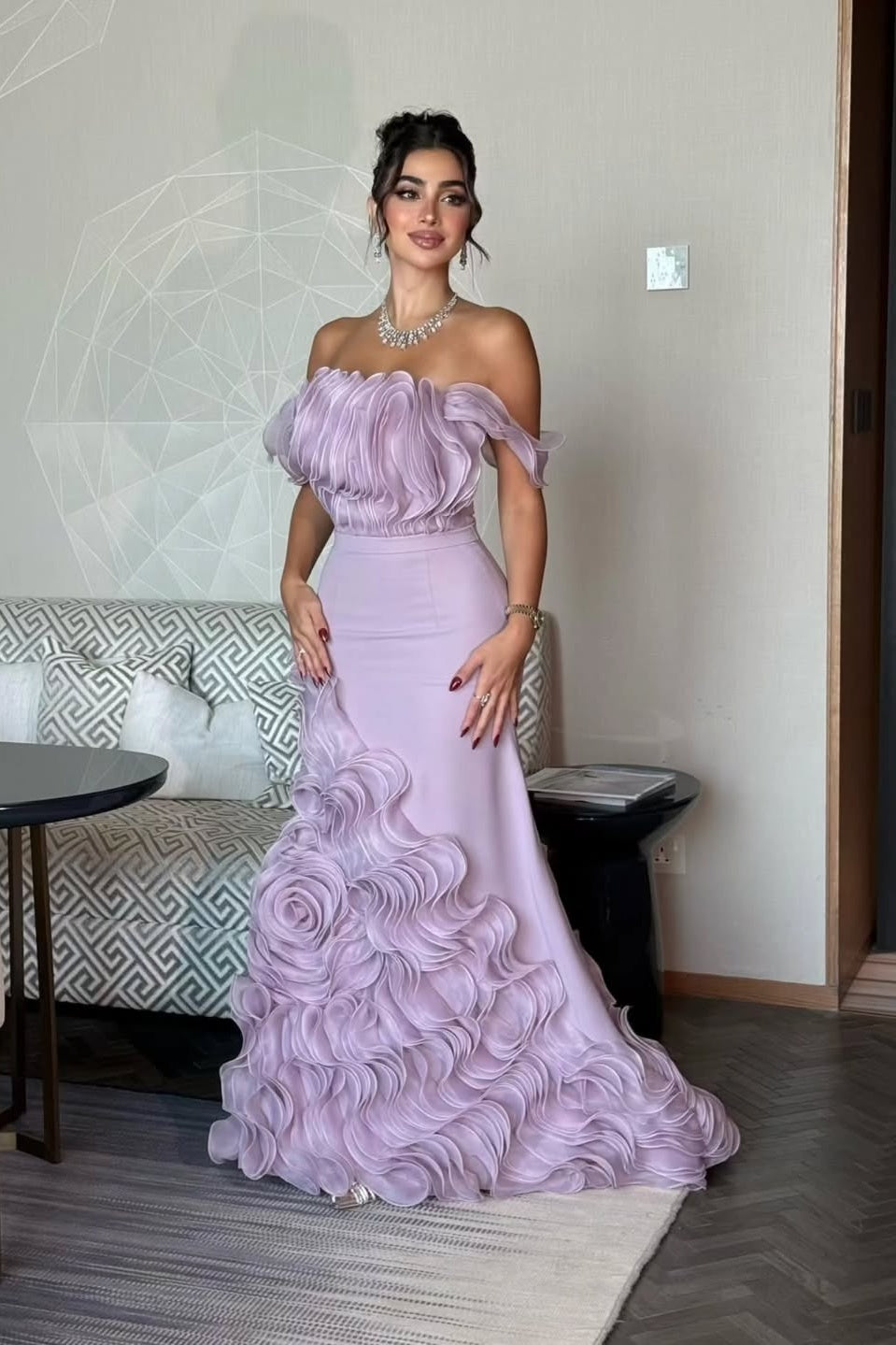 Sleeveless Elegant Lavender Off-Shoulder Ruffled Mermaid Prom Dress