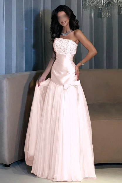 Charming Candy Pink Satin Tulle Sleeveless Strapless Long Evening Dress with Beadings