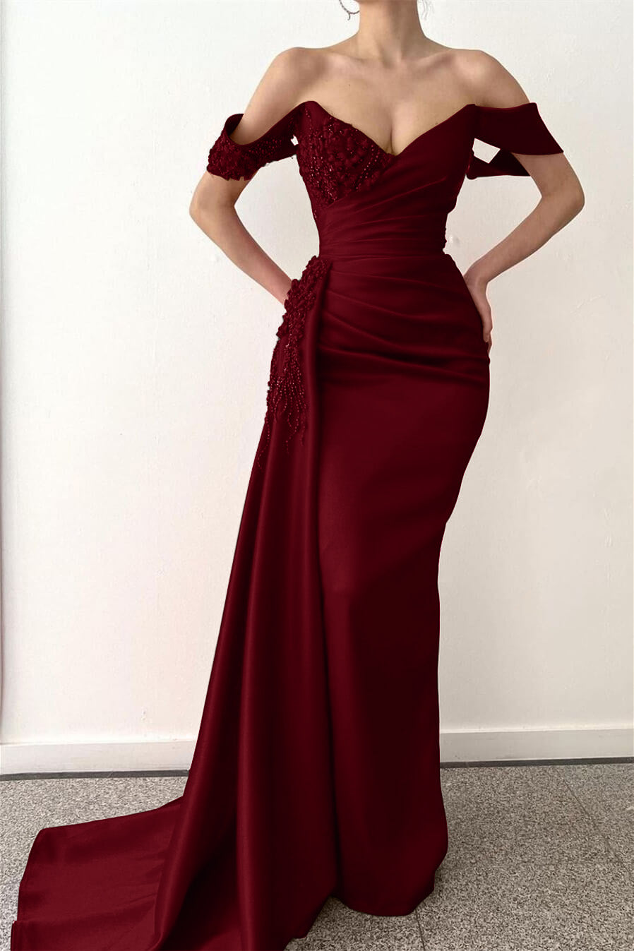 Beadings V-Neck Off-The-Shoulder Prom Dress Long With Ruffles Mermaid Red