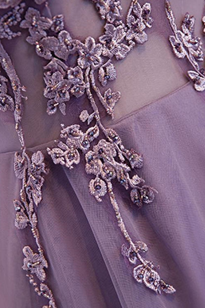 Purple Applique Long A-line Prom Dress With V-Neck Open Back