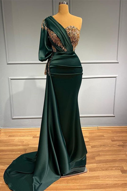 Dark Green Beads One-Shoulder Mermaid Prom Dress With Appliques