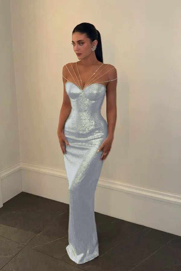 Sparkly Silver Off-the-Shoulder Evening Dress Sleeveless With Sequins