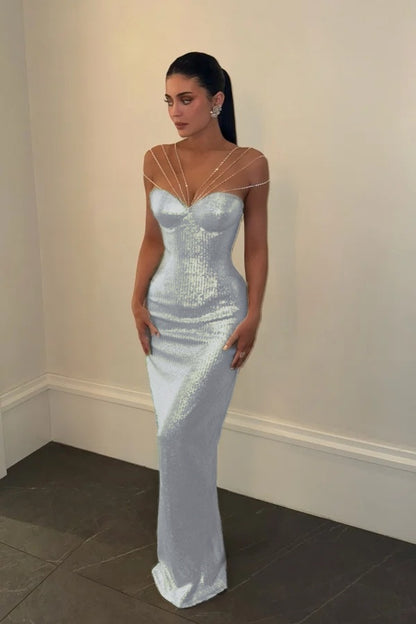 Sparkly Silver Off-the-Shoulder Evening Dress Sleeveless With Sequins